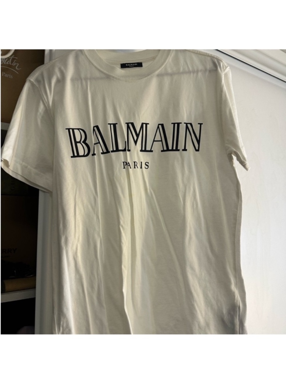 Balmain Cream Short-Sleeve Logo Tee with Black Print